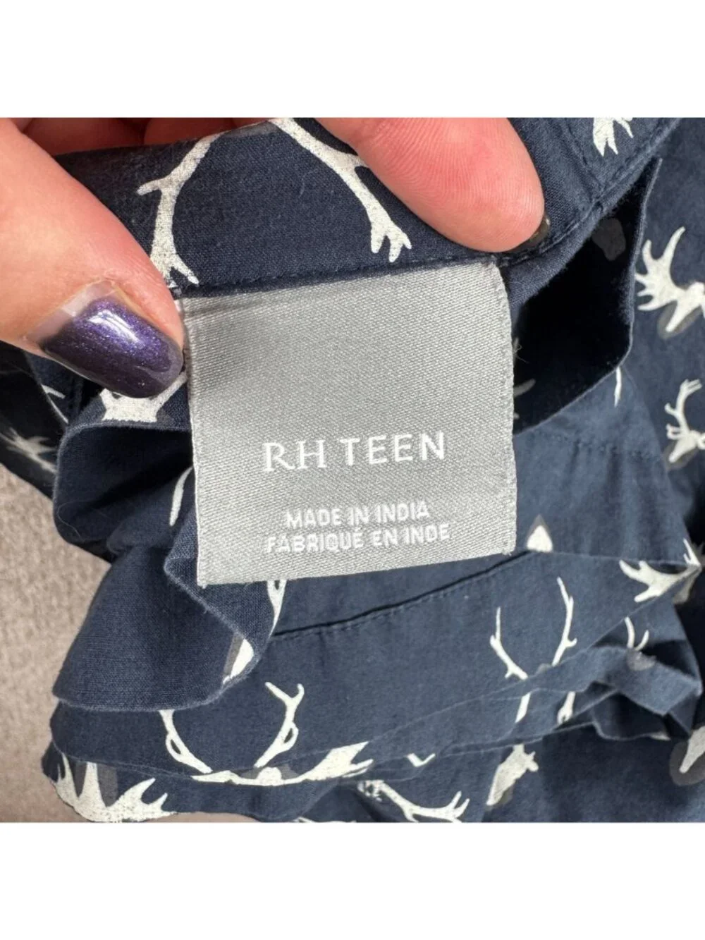 RH Teen Deer Antler Stag Skull Print Queen Flat Sheet Navy Blue Organic Cotton